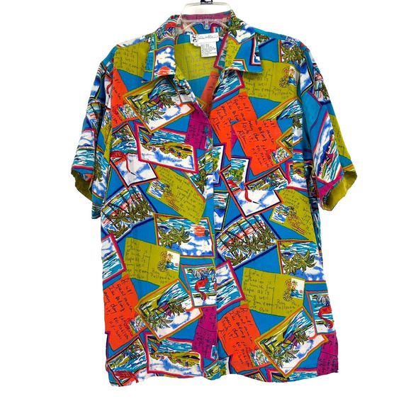 Vintage Diane Gilman Silk Button Up Shirt Postcard Tropical Beach Novelty Size M - Picture 1 of 8
